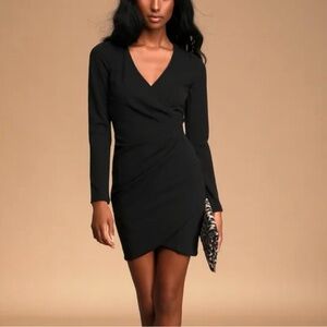 Lulu’s Classy Gal Black Long Sleeve Faux Wrap Dress NWT